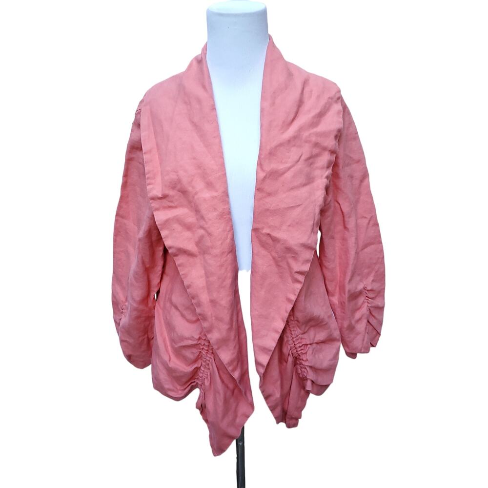 Chico's Sz 1 Coral Pink Linen Jacket Open Front Ruched Detail Chicos Sz M Sz 8
